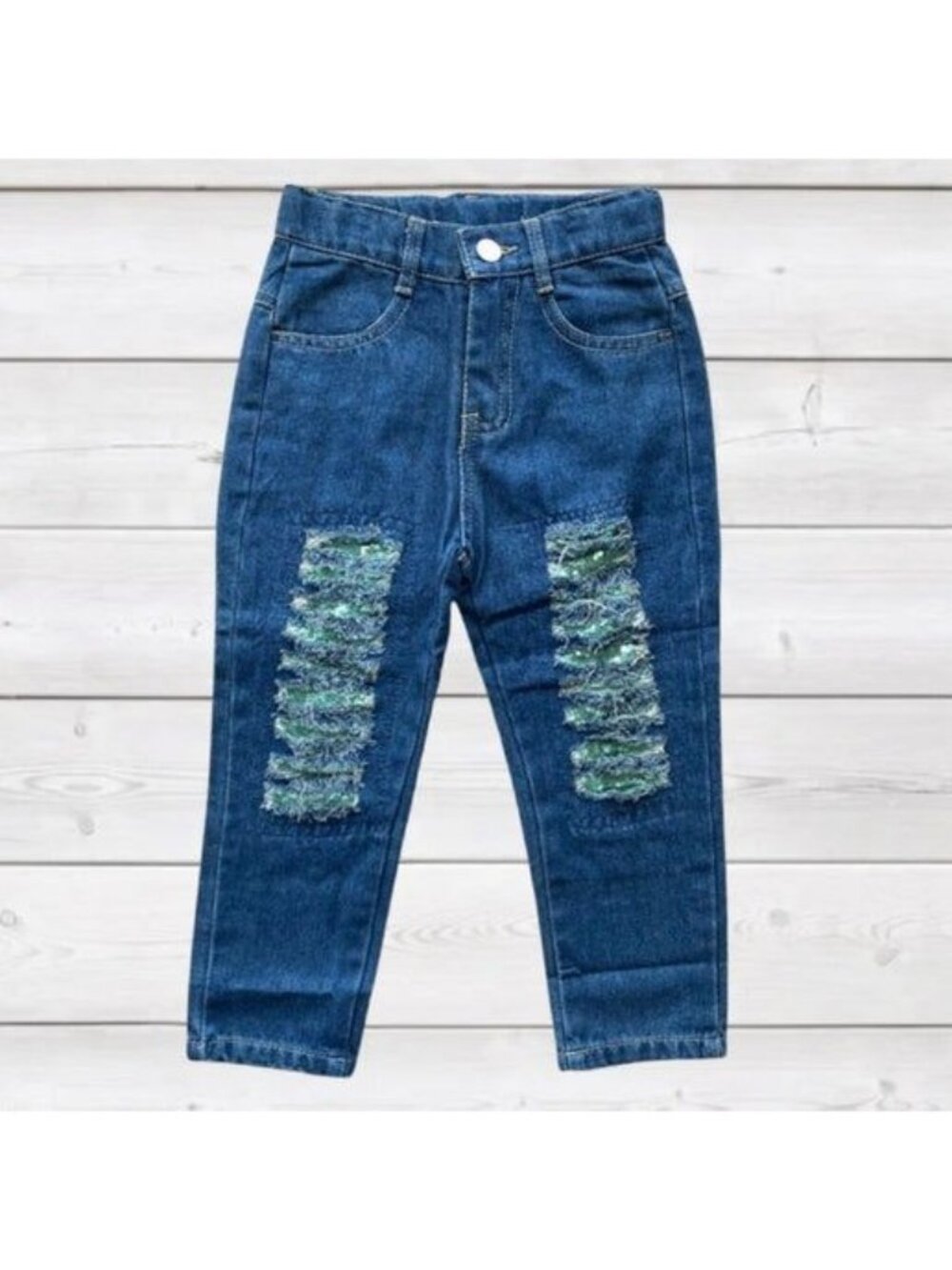 Distressed Denim Toddler- Green Sequin (Adjustable Waist) 6/7